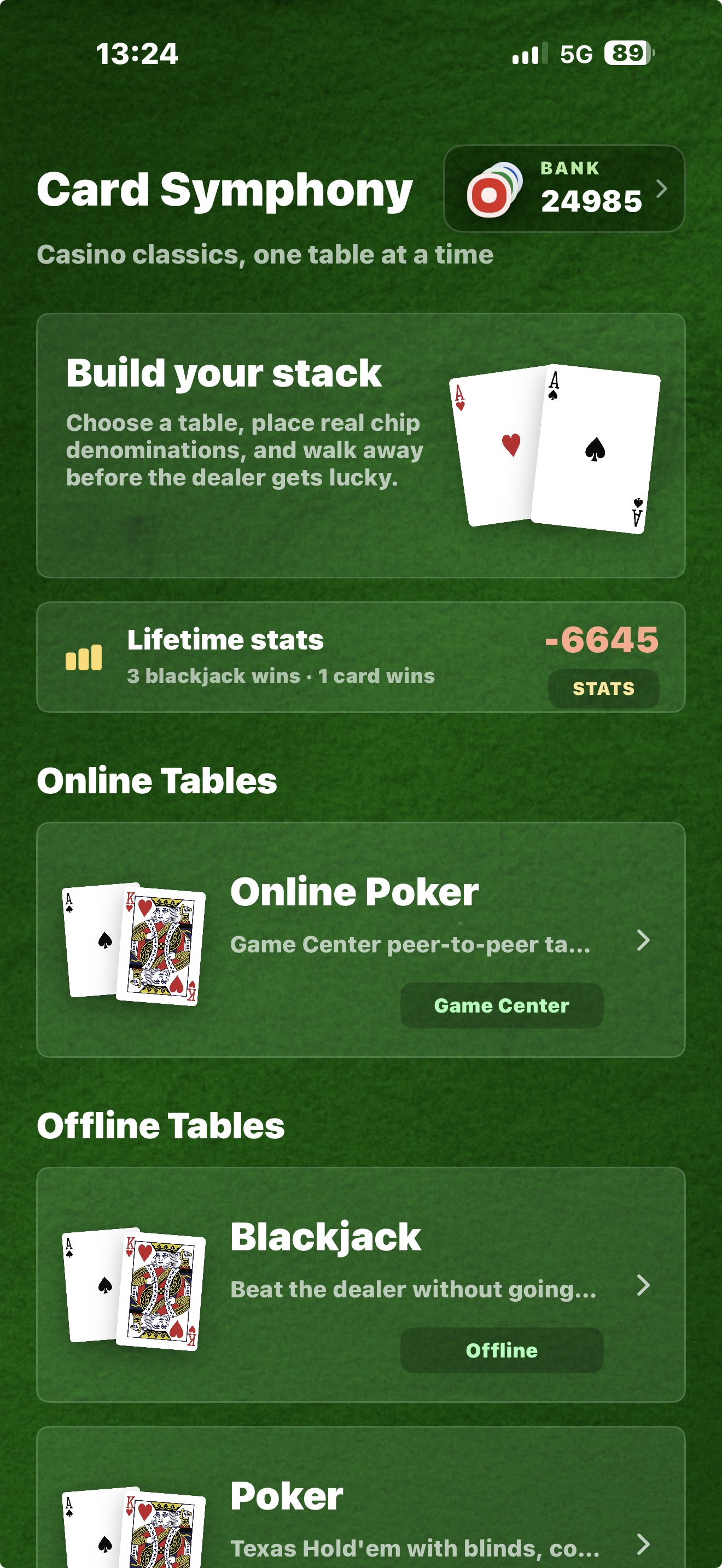 Card Symphony home screen with table list