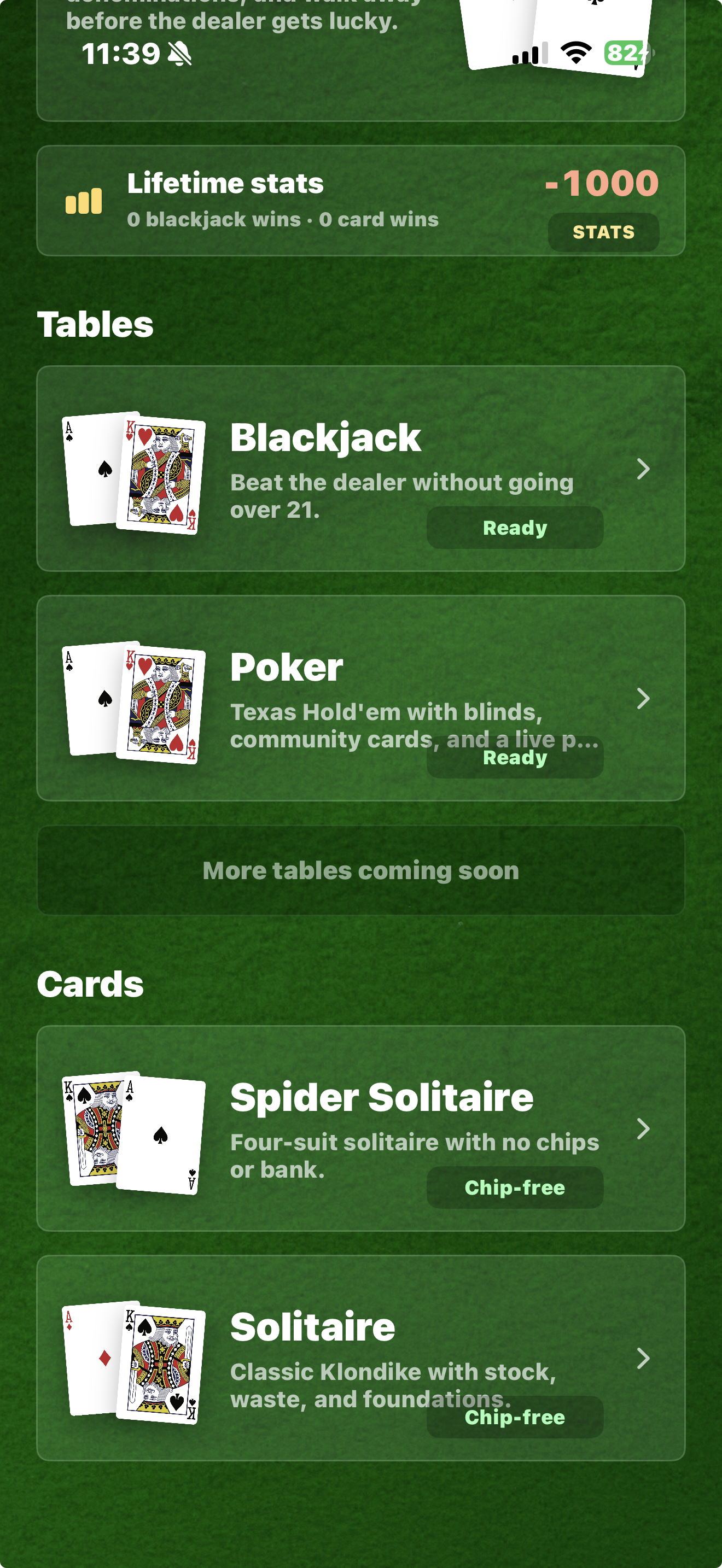Card Symphony tables and card games screen