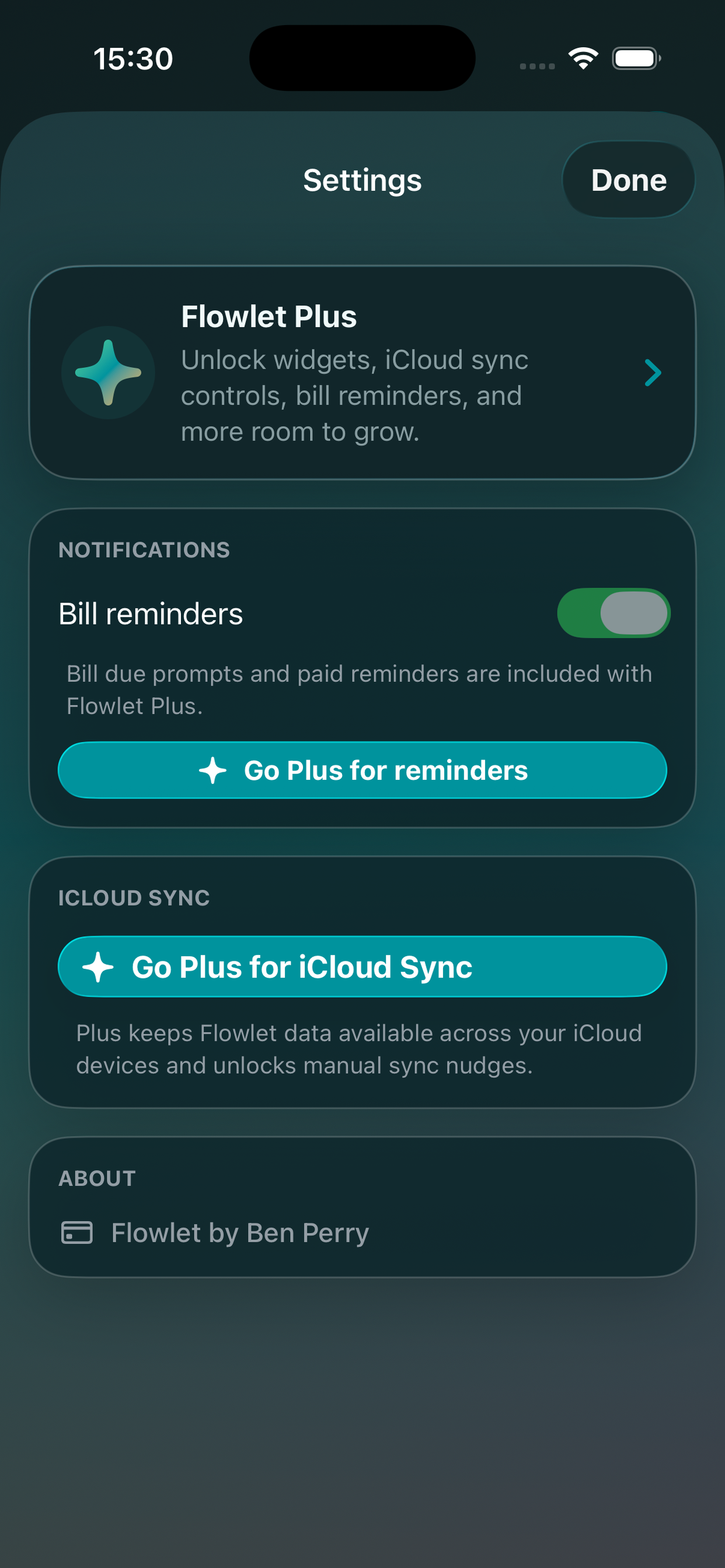 Flowlet settings screen
